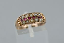 A LATE VICTORIAN RUBY AND SPILT PEARL HALF HOOP RING, ring size O, partial hallmark visible for