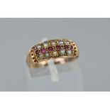 A LATE VICTORIAN RUBY AND SPILT PEARL HALF HOOP RING, ring size O, partial hallmark visible for