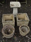 TWO ROUND COMPOSITE GARDEN PLANTERS, two square planters and a bird bath (5)