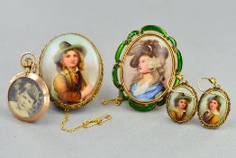 A 9CT SUITE OF PAINTED JEWELLERY, including brooch, a pair of earrings, together with a enamel and