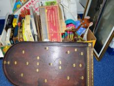 TWO BOXES AND LOOSE GAMES, JIGSAWS, SUNDRY ITEMS, ETC, to include bagatelle, large aircraft