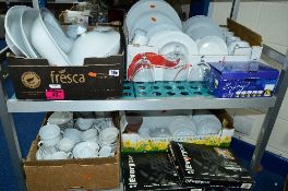 FOUR BOXES AND LOOSE WHITE CERAMIC TABLE/KITCHEN WARES, to include two boxed Everyday twenty four