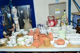 A LARGE QUANTITY OF JARDINIERES, SEATED SPANIELS, CAT FIGURE, TABLE LAMPS, etc