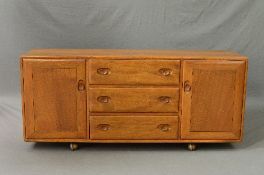 AN ERCOL GOLDEN DAWN ELM SIDEBOARD, flanked by three drawers central to two cupboard doors on