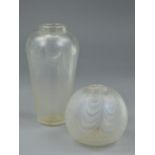 TWO WALLACE AND SANDERS ART GLASS VASES, both in the white iridescent pulled feather design, both