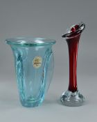 A SEVRES ART GLASS VASE, in a pale blue ground, the body is in an inverted bell shape with a