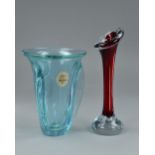 A SEVRES ART GLASS VASE, in a pale blue ground, the body is in an inverted bell shape with a