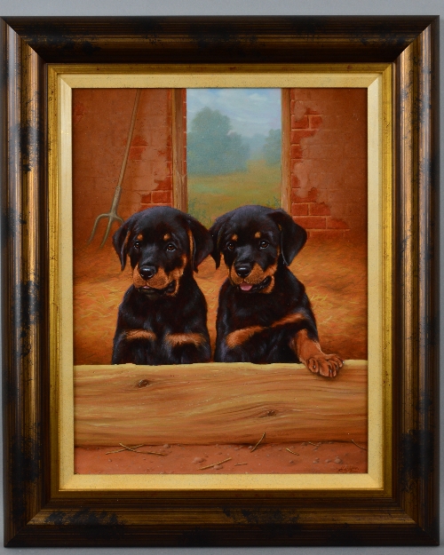 JOHN SILVER (BRITISH CONTEMPORARY), 'Rottweiler Pups', an oil on board painting of a pair of