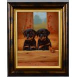 JOHN SILVER (BRITISH CONTEMPORARY), 'Rottweiler Pups', an oil on board painting of a pair of