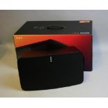 A SONOS PLAY FIVE WIRELESS SPEAKER, in box with Flexson stand (one arm to stand broken) (tested