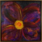 SUSAN LAVERY (IRISH CONTEMPORARY), an abstract oil on board painting of a flower in bloom, inscribed