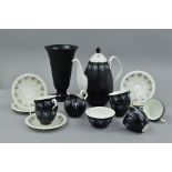 A FOLEY 'DOMINO' PATTERN SIX SETTING TEASET BY HAZEL THRUMPSTON, together with a Wedgwood black