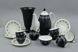 A FOLEY 'DOMINO' PATTERN SIX SETTING TEASET BY HAZEL THRUMPSTON, together with a Wedgwood black