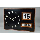 A VINTAGE WOODEN CLOCK AND CALENDAR, the clock has been converted to run via a battery, size