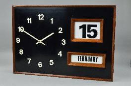 A VINTAGE WOODEN CLOCK AND CALENDAR, the clock has been converted to run via a battery, size