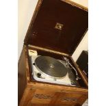 A THORENS TD124 MK2 VINTAGE TURNTABLE, mounted in a mahogany HMV gramophone case, fitted with a