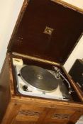 A THORENS TD124 MK2 VINTAGE TURNTABLE, mounted in a mahogany HMV gramophone case, fitted with a