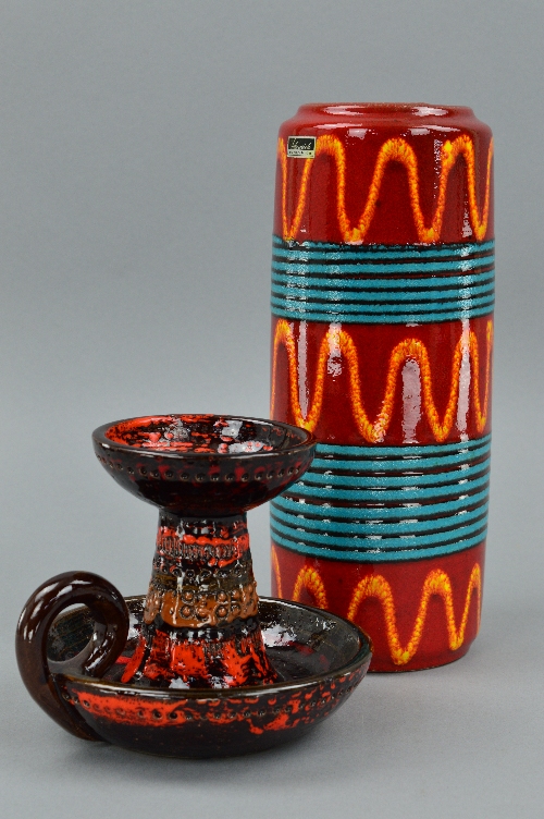 A SCHEURICH 'EUROP LINIE' FAT LAVA VASE, decorated with three red and yellow bands spaced by two - Image 2 of 6