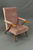 A SCANDINAVIAN STYLE OAK FRAMED RECLINING ARMCHAIR, the cylindrical tapering support holding