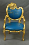 JIMMIE MARTIN, LOVE POTION CHAIR, gilt framed open armchair, with blue leather upholstery, inscribed