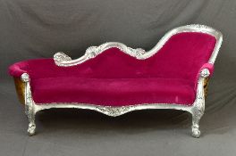 JIMMIE MARTIN, UNTITLED CHAISE LOUNGE, with silver leaf frame covered in pink and gold velour