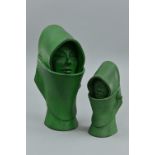 TWO GREEN MATT GLAZED BUSTS OF LADIES WEARING HOOD IN THE ART DECO STYLE, the tallest figure