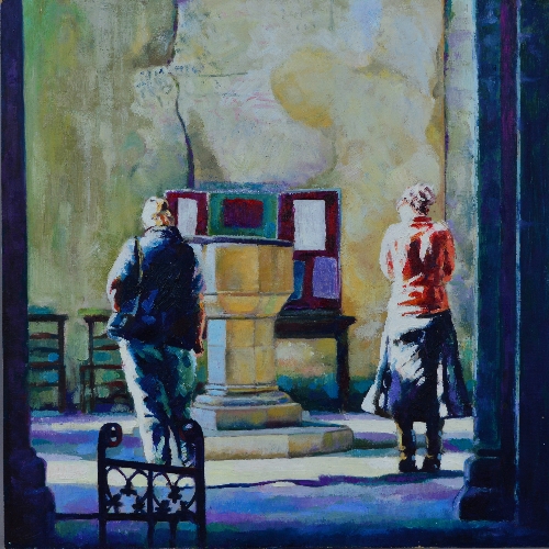 BEN DAVIES-JENKINS (BRITISH CONTEMPORARY), 'Two Worshipers Before A Triptych', an oil on board of