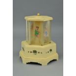 A BAKELITE NOVELTY SELCO MUSICAL CIGARETTE DISPENSER, the compartments decorated with ladies, the