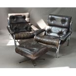 A PAIR OF 1970'S PIEFF LOUNGE ARM CHAIRS BY TIM BATES, with a chrome tubular frame, original brown