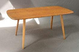 AN ERCOL GOLDEN DAWN ELM 1960'S RECTAGULAR REFRECTORY TABLE, on square tapering legs, approximate