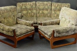 A CINTIQUE TEAK THREE PIECE LOUNGE SUITE, the frame with saddle arms to a shaped 'O' frame legs,