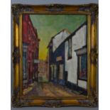F. RATCLIFFE (BRITISH 20TH CENTURY), 'The Wiend, Wigan', an oil on board painting of a street in the