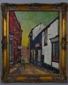 F. RATCLIFFE (BRITISH 20TH CENTURY), 'The Wiend, Wigan', an oil on board painting of a street in the