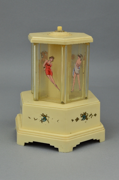 A BAKELITE NOVELTY SELCO MUSICAL CIGARETTE DISPENSER, the compartments decorated with ladies, the - Image 2 of 6