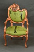 JIMMIE MARTIN PHARMACY CHAIR, gilt framed open armchair with green leather upholstery, inscribed