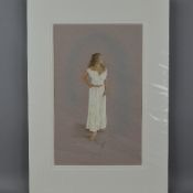 KAY BOYCE (BRITISH CONTEMPORARY), 'Flower Girl I', a pastel drawing of a woman in a white blouse and