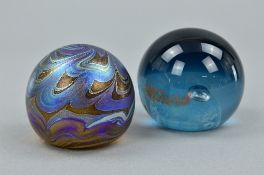A PETER LAYTON DESIGN IRIDESCENT GLASS PAPERWEIGHT, fully signed to the base by Peter and the