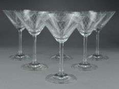 A SET OF SIX 1930'S STYLE CONICAL BOWL SHAPED COCKTAIL GLASSES, the bowls having a wheel cut