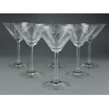 A SET OF SIX 1930'S STYLE CONICAL BOWL SHAPED COCKTAIL GLASSES, the bowls having a wheel cut