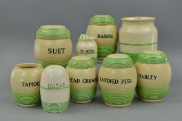 T.G. GREEN 'STREAMLINE' PATTERN STORAGE JARS, comprising of Raisins, Barley and Candid Peel with