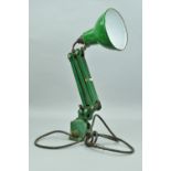 A DESK/WALL MOUNTED ANGLE POISE STYLE LAMP, with green enamel shade