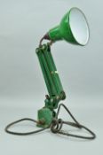 A DESK/WALL MOUNTED ANGLE POISE STYLE LAMP, with green enamel shade
