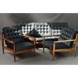 A TEAK 1960'S DANISH/SCANDINAVIAN THREE PIECE LOUNGE SUITE, in the style of Grete Jalk for