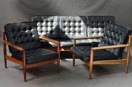 A TEAK 1960'S DANISH/SCANDINAVIAN THREE PIECE LOUNGE SUITE, in the style of Grete Jalk for
