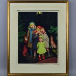 DOUGLAS LIONEL MAYS (BRITISH 1900-1991), 'Carol Singers', a watercolour painting of five children