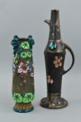 A BRETBY POTTERY ART NOUVEAU STYLE VASE, decorated with a bird and tree blossoms and two applied