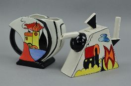 A LORNA BAILEY TEAPOT, in a geometric Art Deco style, hand painted in a design called 'Red Roof',