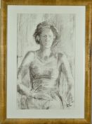 BRITISH COMTEMPORARY, indistinctly signed, half length portrait of a woman seated, wearing vest top,