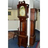 A GEORGE III OAK, MAHOGANY AND SATINWOOD INLAID LONGCASE CLOCK, the painted dial with a raised