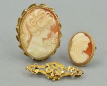 A BROOCH COLLECTION, to include a mid to late 20th Century 9ct gold oval cameo brooch, depicting a